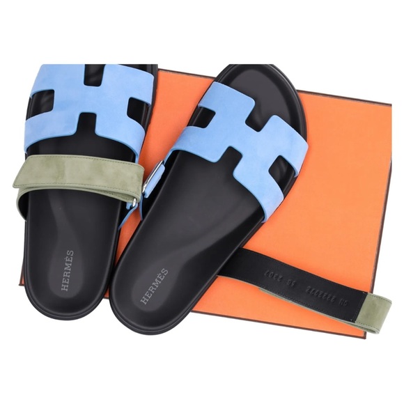 BNIB Hermes Womens Chypre Suede Bleu Cameo Vert Celadon Sandals Size 38 Full Set - Picture 5 of 7